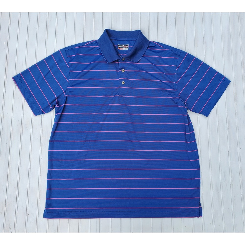 Grand Slam Performance Mens XL Blue Pink Striped Short Sleeve Golf‎ Polo Shirt